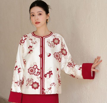 【納福紅裳】新中式復古風 刺繡緞面外套/半裙