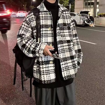 秋冬季新款格子毛呢外套男時尚潮流百搭休閒翻領上衣男
