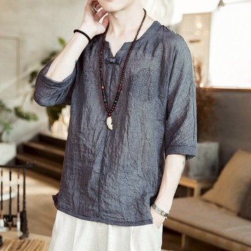 夏季薄款亞麻t恤男七分短袖中國風寬松v領上衣休閑大碼男裝半袖潮