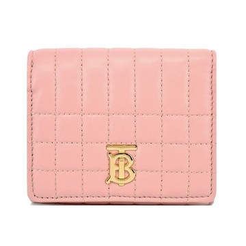 [平輸版]BURBERRY  Lola 金字LOGO格紋絎縫羔羊三折短夾(粉色)真品平輸