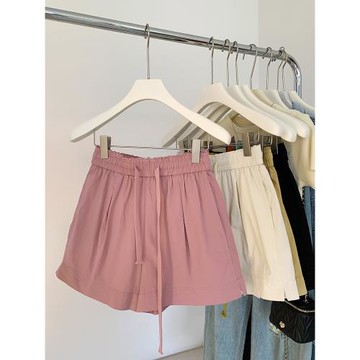 舒適薄款壓褶休閑短褲女夏季新款高腰抽繩a字闊腿熱褲子簡約百搭