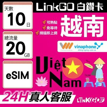 LinkGO白鑽卡 越南 eSIM卡 10天上網卡 總流量20GB 雙電信 高速流量(越南網卡 下龍灣 峴港 胡志明市)
