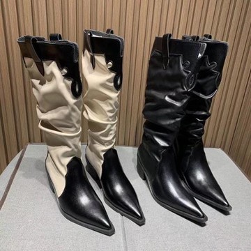 2024秋冬季尖頭中跟西部牛仔褶皺靴歐美拼色騎士靴粗跟網紅長靴女