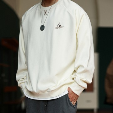 Wuluwear 美式休閒320g粗針斜紋圓領大學T男插肩袖設計啞光刺繡上衣秋