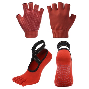 PORA BELLA 瑜珈手套普拉提襪健身套組 YS002 手套+襪  全指紅色  均碼  1組