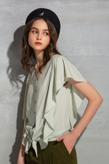 MW V領荷葉開襟綁帶上衣(天絲)