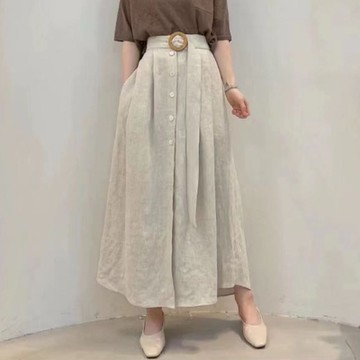 La Belleza素色寬腰帶亞麻中間排釦開叉長裙