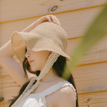 蕾絲綁帶造型素面編織魚夫帽