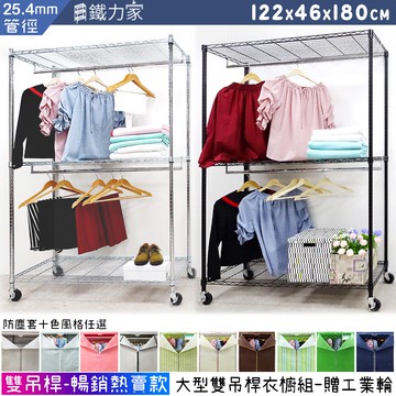 【鐵力家】100%MIT 粗管徑雙吊桿大型防塵衣櫥-贈工業輪 122x46x180cm  組合衣櫥 移動衣櫥 掛衣架