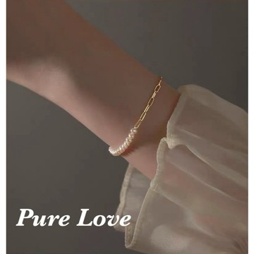 Pure Love樂芙 / 正韓 銀飾【S925純銀】B0909簡約通體純銀MINI珍珠鏈條不對稱手鏈 / 金