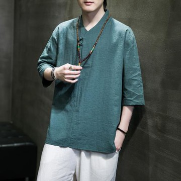 亞麻短袖男夏季五分袖t恤中國風男裝潮牌寬松半袖體恤棉麻上衣薄