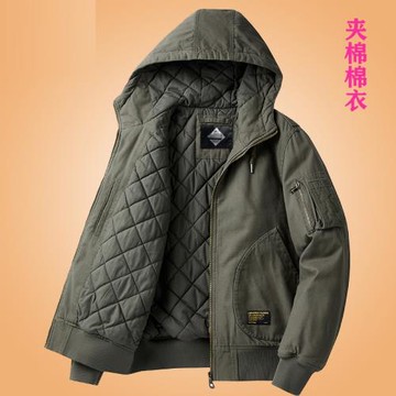 工裝純棉夾克棉衣保暖二棉連帽外套中年男士冬季加厚寬松休閑棉服