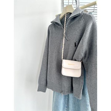 灰色高級美式小立領雙拉鏈開衫毛衣女春秋設計感刺繡上衣針織外套