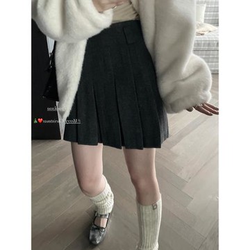 深灰色毛呢百褶裙女百搭高腰a字半身裙防走光顯瘦秋冬新款短裙子