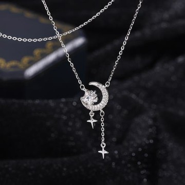 S999純銀浪漫星月相伴項鏈女輕奢小眾高級感鎖骨鏈生日禮物送女友