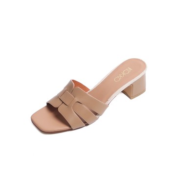 KOKKO優雅質感編織粗跟涼拖鞋卡其色