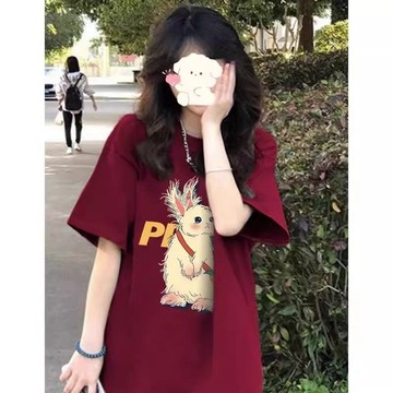 酒紅色純棉t卹女夏季小眾美式複古兔子印花寬鬆大碼短袖上衣ins潮