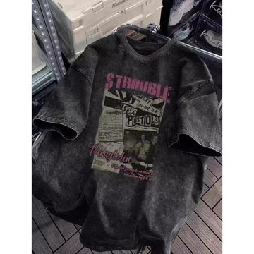 特大碼300斤水洗做舊重磅純棉短袖T恤男女夏oversize美式復古高街