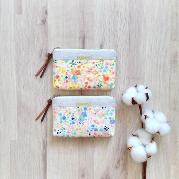 【FWL/四層小錢包】水彩小花 粉橘 粉藍 法國銀蔥布 水玉點點