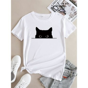 歐美女裝Women T-shirt純棉寬松體桖貓咪印花大碼外貿短袖T恤女夏