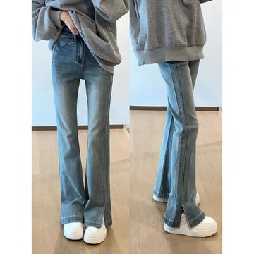 (免運)大碼高腰微喇開叉直筒牛仔褲女2026年新款胖mm彈力顯瘦闊腿喇叭褲