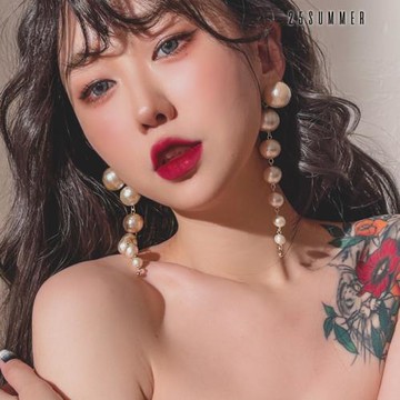 25SUMMER原創設計輕奢風漸變香檳色棉花珍珠耳環高級感長款耳夾女