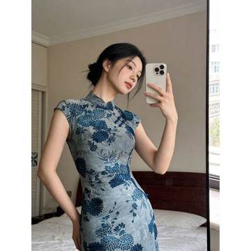 商城熱賣⭐彈力大碼修身改良旗袍  顯瘦復古連身裙  復古民國風彈力植絨大碼顯瘦旗袍