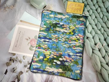 油畫系列-美國棉布料油畫莫內睡蓮拉鍊書衣-拉鍊書套適書高23公分