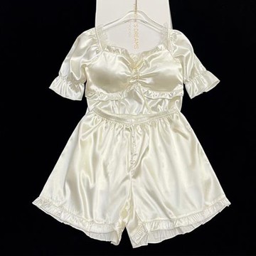 性感甜美睡衣女夏季純欲風短袖短褲絲綢帶胸墊家居服套裝薄款可愛