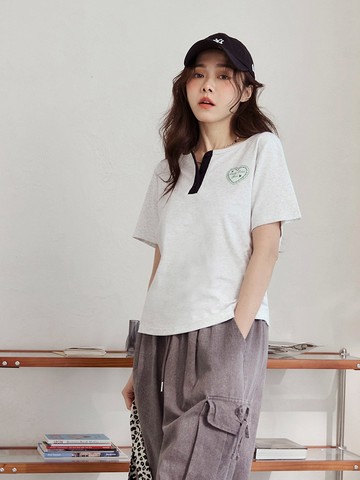 棉質撞色半開襟愛心印花短袖上衣