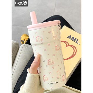 簡約保溫杯女生高顏值水杯新款2025帶吸管茶倉辦公室學生便攜杯子