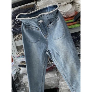 地球店閉眼入漫畫腿手縫珍珠腰高腰修身牛仔褲女秋收腰小腳褲