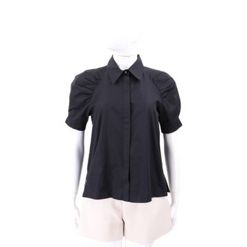 Max Mara STUDIO MSTAMORE 抓皺泡泡短袖純棉黑色襯衫 上衣