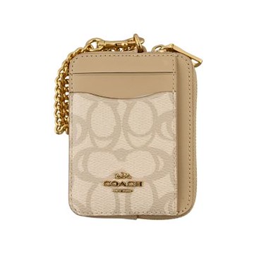 COACH 象牙白C LOGO PVC拼接淡奶茶色皮革鏈帶方型卡夾零錢包