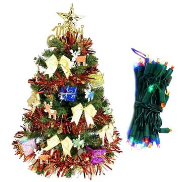 【預購】摩達客耶誕★繽紛2呎/2尺（60cm）經典裝飾綠色聖誕樹（木質麋鹿彩色禮物盒系）＋LED50燈四彩光插電式燈串x1 _廠商直送-下單後5個工作日出貨