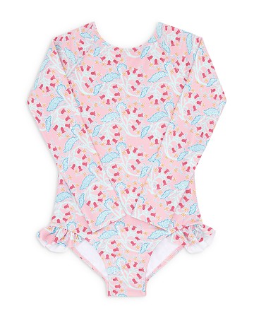 Minnow Girls' Bluebells Long Sleeve One Piece Rash Guard Swimsuit - Baby, Little Kid, Big Kid