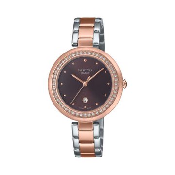 CASIO 卡西歐 SHEEN 輕奢華水晶錶圈 蜜桃金X暗紅 SHE-4556SPG-5A_32mm