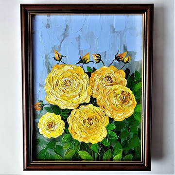 在花卉藝術牆壁裝飾的壓克力impasto 花束中畫黃玫瑰