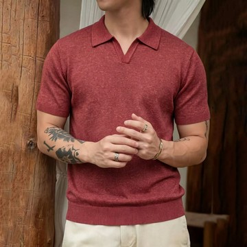 Wuluwear 【天絲亞麻】240g美式復古休閒針織海鷗領短袖POLO衫男士