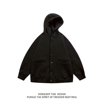 清倉特價 黑色3XL 港風棋盤格外套 日系簡約連帽衛衣開衫 燈芯絨玉米粒外套 ins潮流寬鬆休閒外套 男春大碼開衫衛衣