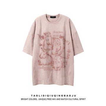 多巴胺可愛兔子粉色短袖T恤女2026新款美式情侶寬松麂皮絨T恤衫