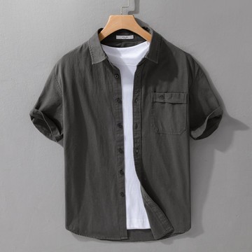 免運 短袖襯衫男 夏季襯衫 2025夏季工裝短袖襯衫男士純色百搭日系休閑薄款清新寬松簡約襯衣 快速出貨