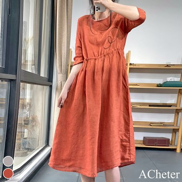 【ACheter】復古簡約純色繡線抽繩收腰顯瘦麻料大擺洋裝# 112694(現貨+預購)