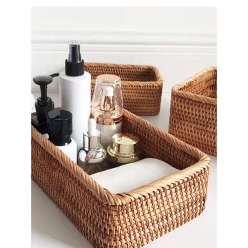 臥室客廳手工藤編收納筐桌面化妝品收納盒玄關美式雜物整理筐置物