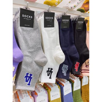 新款韓國東大門進口LA字母中筒襪秋冬款吸汗簡約運動純色男士棉襪
