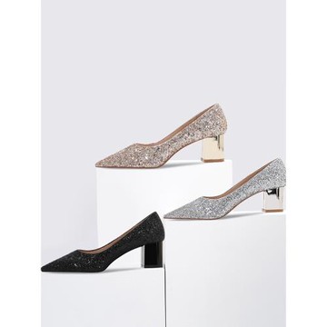 亮片粗跟單鞋女尖頭水晶高跟鞋伴娘婚紗職業正裝仙女風小眾設計感