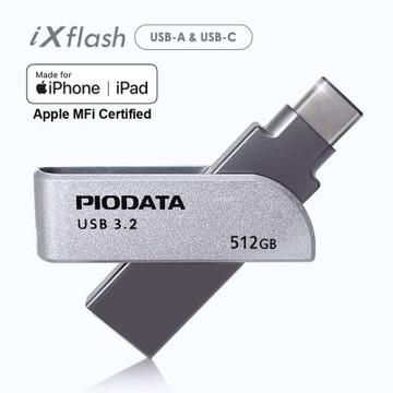 PIODATA iXflash APPLE MFi認證USB 3.2 512GB iPhone/iPad跨平台雙向隨身碟 金屬灰