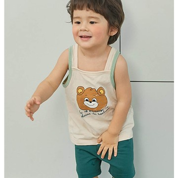 韓國 Cordi-i - (防縮水加工)柔韌棉無袖家居服-復古印刷棕熊-米膚X綠