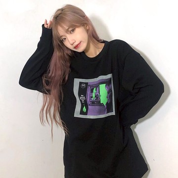 黑色衛衣女無帽春秋薄款設計感寬松bf慵懶風印花百搭長袖上衣