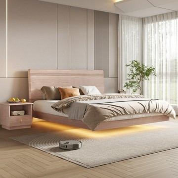 優樂悅~北歐簡約白蠟木實木床網紅帶燈懸浮床小戶型1.5米1.8米人單雙人床